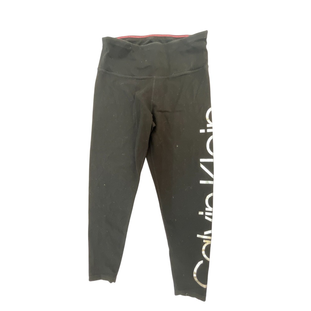 Calvin Klein Performance Black Silver Metallic Logo Cropped Leggings Large